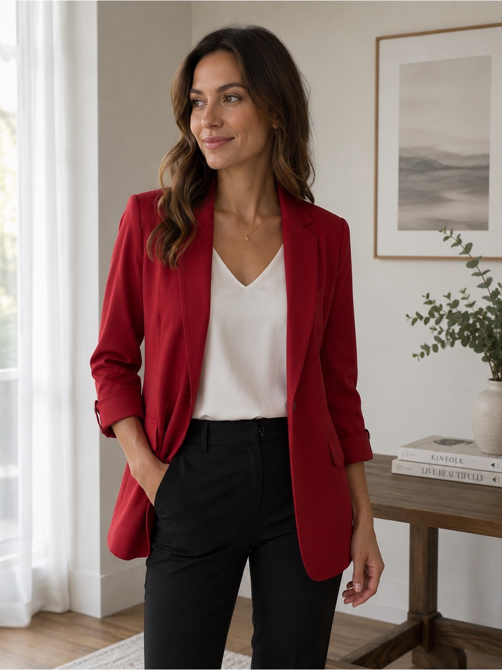 Tahari Red Longline Blazer with Notched Lapel